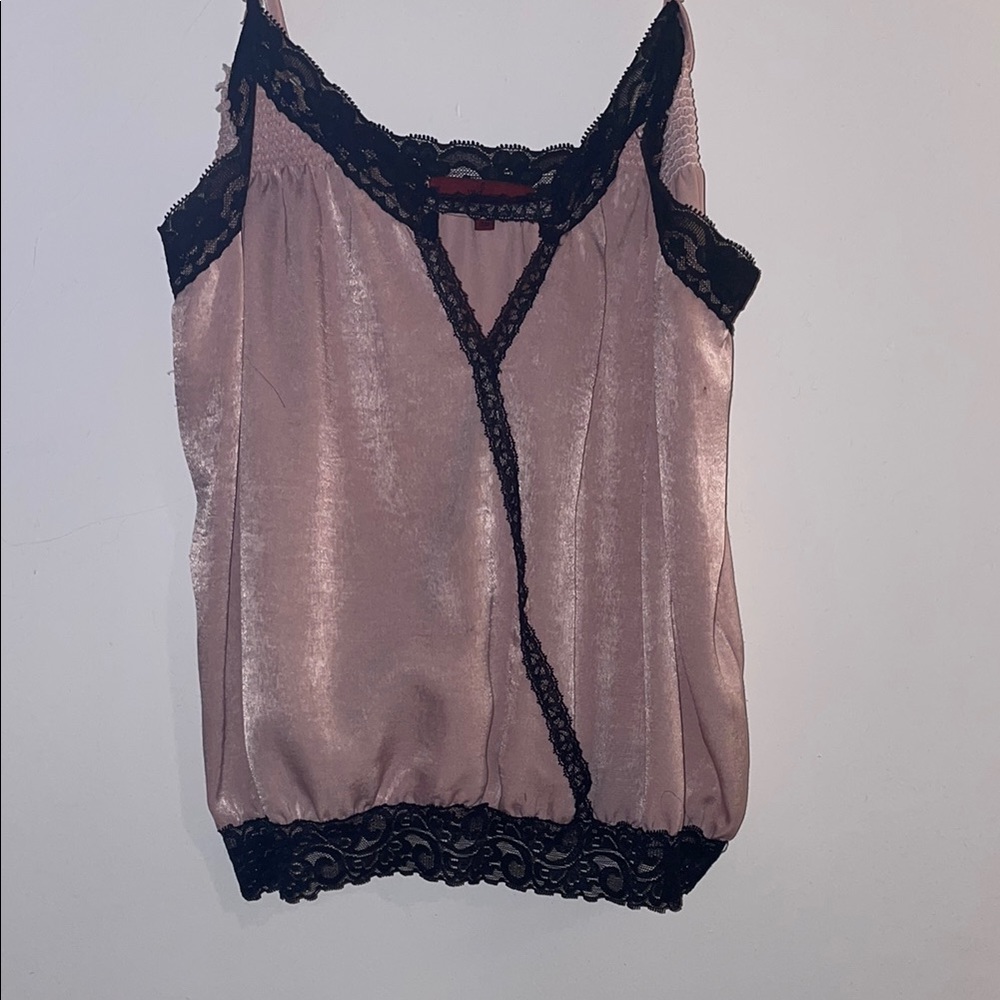 Pink Satin Camisole with Black Lace Trim
